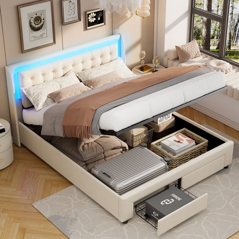 foto del prodotto letto contenitore 160 x 200 cm con 2 cassetti, letto matrimoniale con testiera con illuminazione a led, stoccaggio idraulico, rete a doghe,