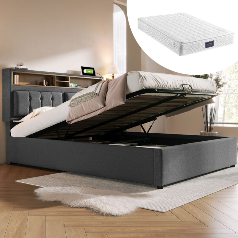 foto del prodotto letto contenitore 160 x 200 cm, con funzione di ricarica della testiera, presa usb c, lino, grigio materasso incluso 