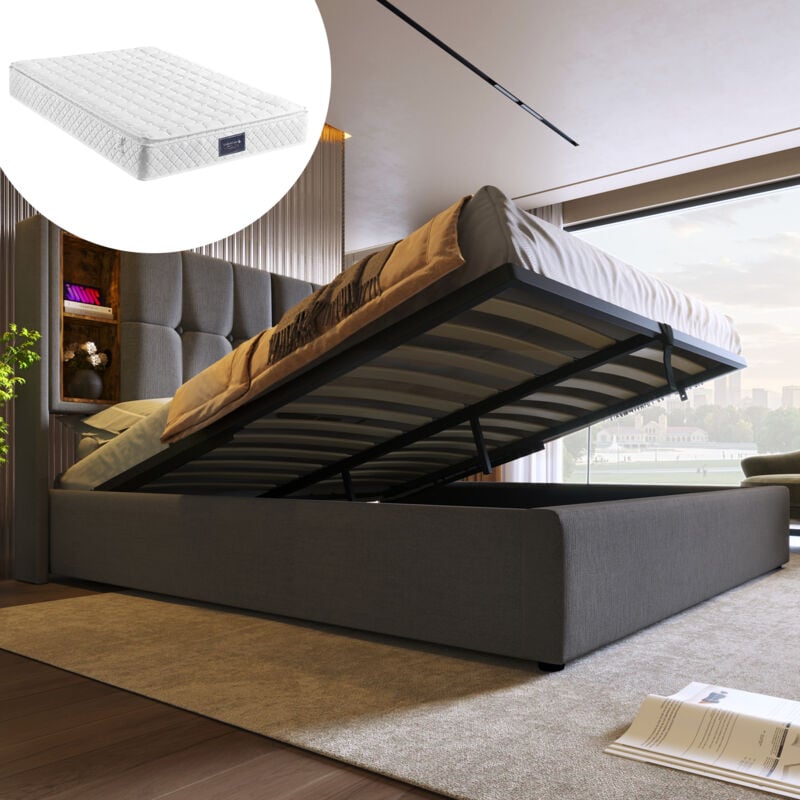 foto del prodotto letto contenitore 160 x 200 cm, con ricarica usb c, legno, cotone, grigio materasso incluso 