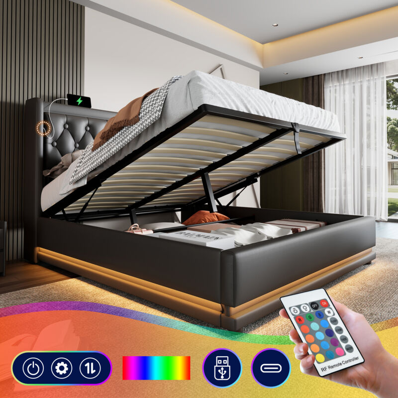 foto del prodotto letto contenitore 160 x 200 cm, letto contenitore idraulico, usb tipo c, led, pu, nero senza materasso 