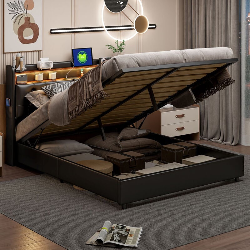 foto del prodotto letto contenitore 160 x 200, letto 160 x 200 con base, letto per adulti, letto matrimoniale, testiera contenitore, schienale morbido, led regolabile,