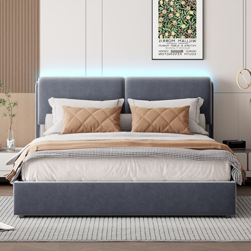 foto del prodotto letto contenitore 160x200 cm, con meccanismo idraulico contenitore, rete a doghe in legno, struttura in metallo, testiera illuminata a led, letto