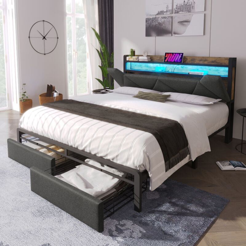 foto del prodotto letto contenitore 160x200 cm con ricarica usb type c, illuminazione led, con cassetti, grigio senza materasso 