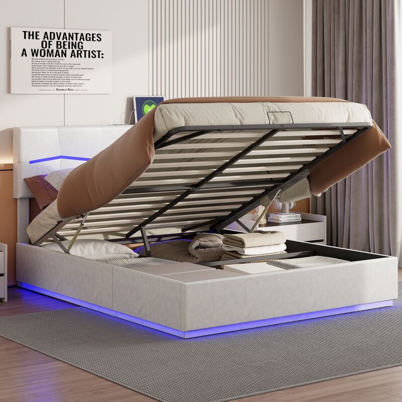 immagine 0 del prodotto letto contenitore 160x200 cm illuminazione led, testiera regolabile in altezza, aste idrauliche, rete in metallo e doghe, letto matrimoniale