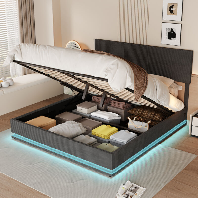 foto del prodotto letto contenitore 160x200 cm letti matrimoniale per adulti bambini con spazio di stoccaggio, led e usb, tessuto in velluto, grigio scuro