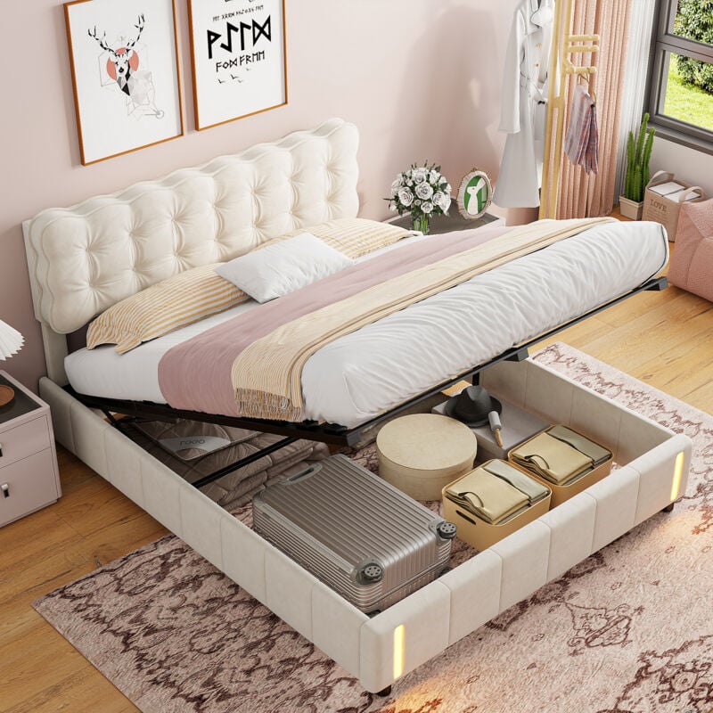 foto del prodotto letto contenitore 160x200 cm, letto 160x200 con rete a doghe, letto matrimoniale imbottito con leva idraulica, luci led ai piedi del letto, velluto,