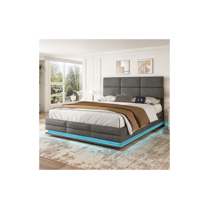foto del prodotto letto contenitore 160x200 cm, letto a led per adulti, letto imbottito con caricabatterie usb, struttura letto in velluto delicato sulla pelle,