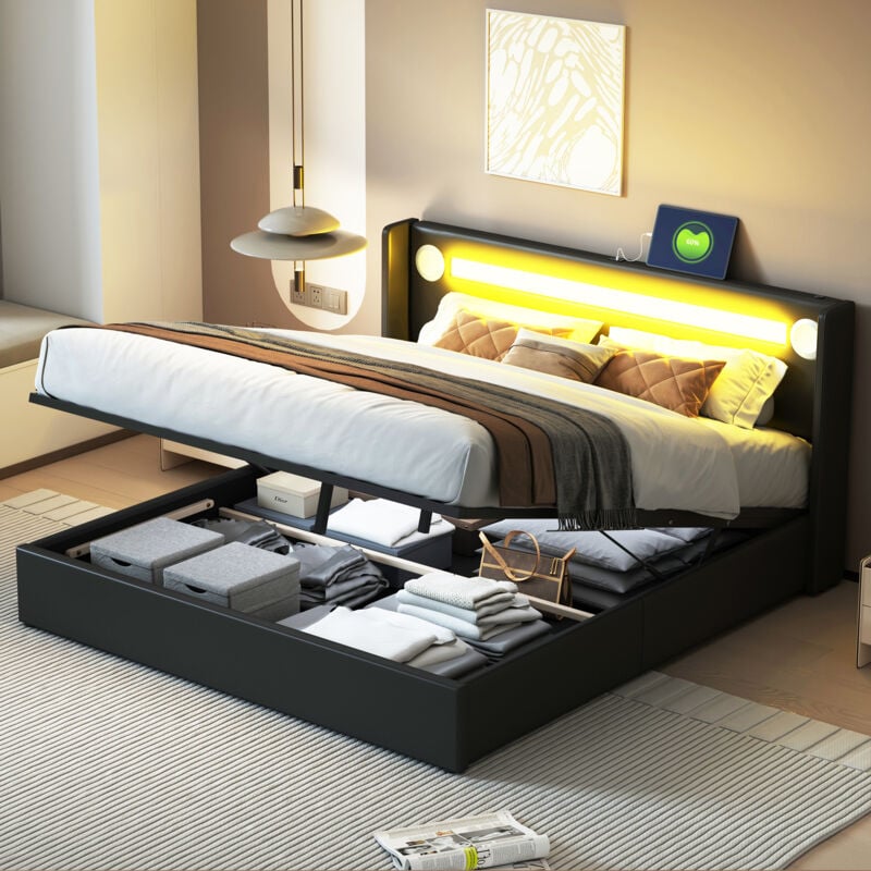 foto del prodotto letto contenitore 160x200 cm, letto imbottito con led, lettore bluetooth e ricarica usb, letto per bambini con rete a doghe, in similpelle, nero