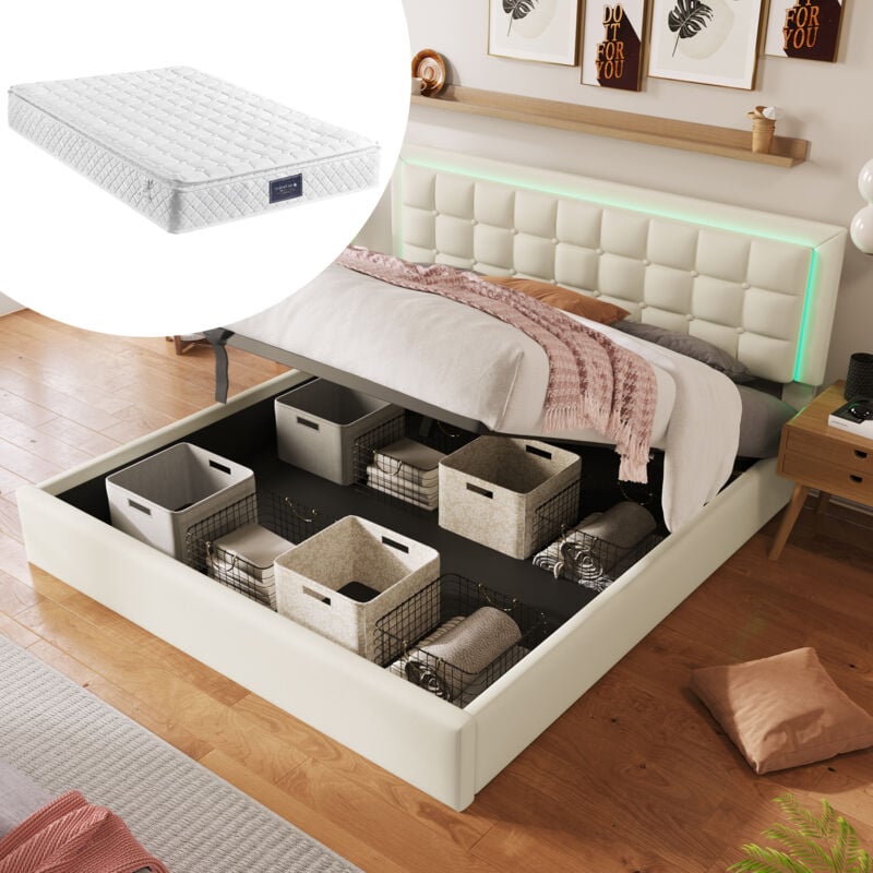 foto del prodotto letto contenitore 160x200 cm, letto imbottito con rete a doghe e led, in similpelle, bianco, materasso incluso