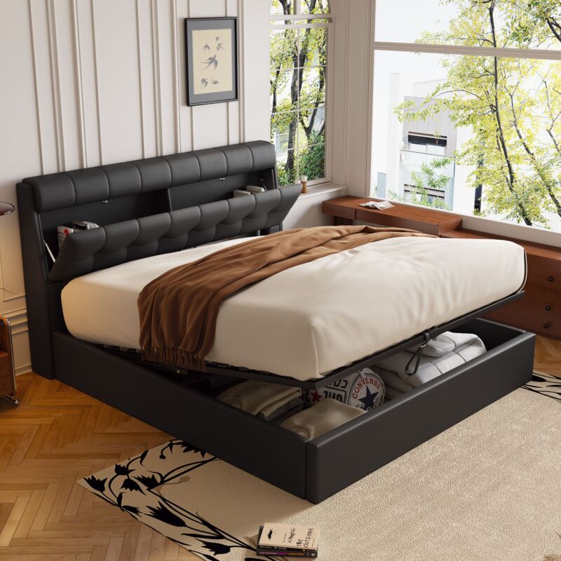 foto del prodotto letto contenitore 160x200 cm, letto imbottito idraulico per adulti, testiera con contenitore, pu, senza materasso, nero
