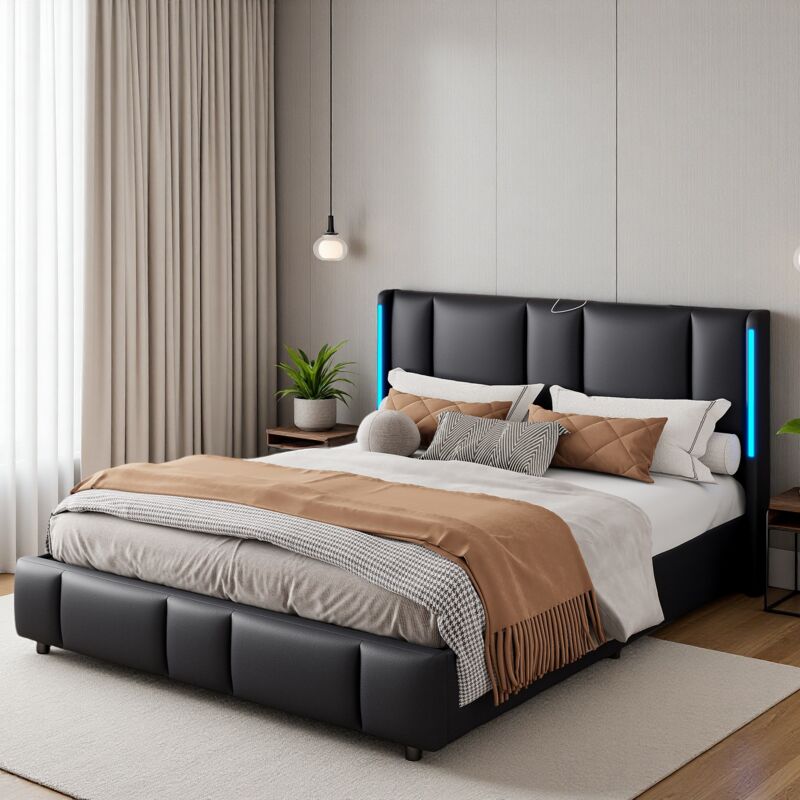 foto del prodotto letto contenitore 160x200 cm letto matrimoniale con usb tcpy c, testiera a righe verticali con illuminazione led, contenitore con leva idraulica,