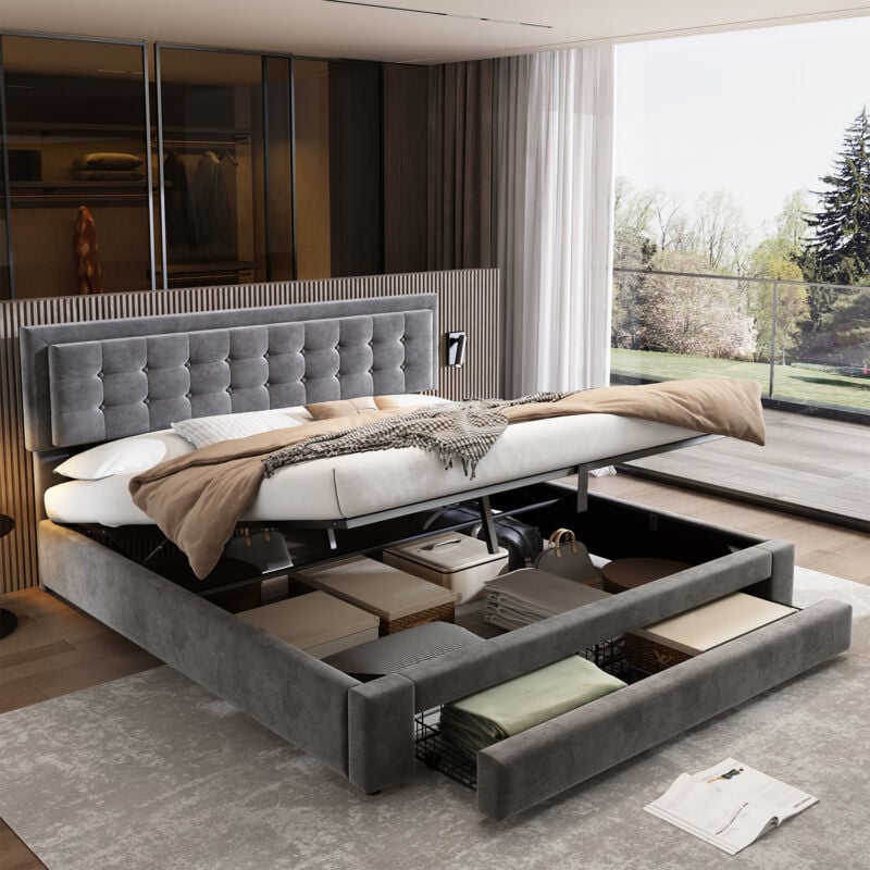 foto del prodotto letto contenitore 160x200 cm, letto per adulti, letto matrimoniale imbottito con cassetto e rete a doghe, velluto, grigio, senza materasso