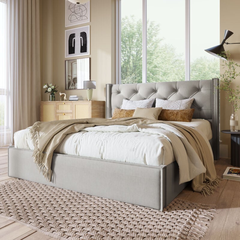 foto del prodotto letto contenitore 160x200 cm, letto per bambini, letto per adulti, letto imbottito con rete a doghe metalliche, cotone, grigio chiaro, senza materasso