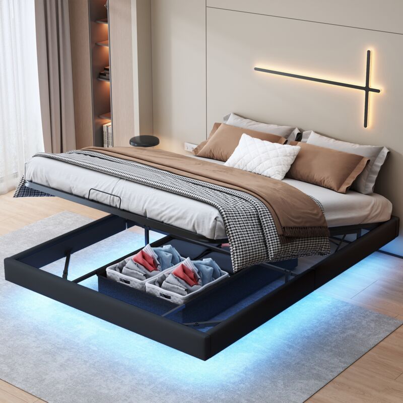 foto del prodotto letto contenitore 160x200 cm rete a doghe, letto flottante con illuminazione a led, senza testiera, letto per adulti in stile moderno nero