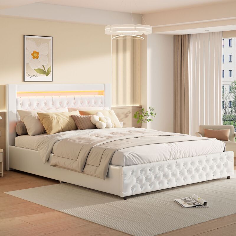 foto del prodotto letto contenitore 160x200 cm similpelle, testiera diamante, letto matrimoniale con illuminazione led, base in metallo, rete a doghe, letto adulto