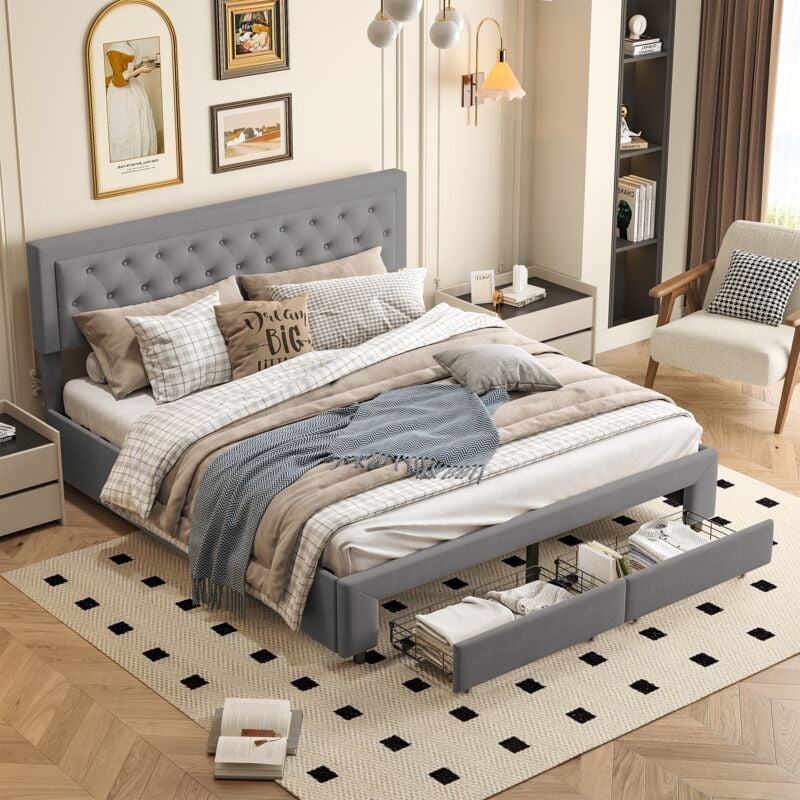 foto del prodotto letto contenitore 160x200 cm testiera imbottita con bottoni, contenitore a sollevamento idraulico, letto matrimoniale con 2 cassetti, sommier, rete