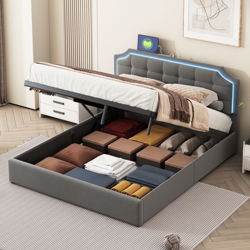 foto del prodotto letto contenitore 160x200 cm velluto, testiera doppia con illuminazione led, letto contenitore idraulico, giroletto, rete a doghe, letto adulto,