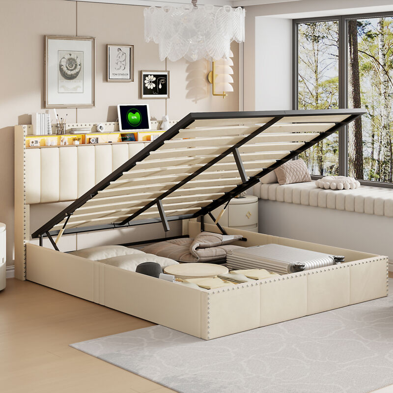 foto del prodotto letto contenitore 160x200, letto 160x200, letto per adulti, con base, testiera con illuminazione a led, decorazione rivetti, tessuto velluto, beige