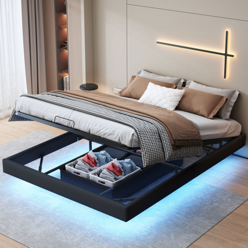 foto del prodotto letto contenitore 160x200, letto 160x200, letto per adulti, letto sospeso, letto matrimoniale, striscia luminosa a led sotto il letto, senza