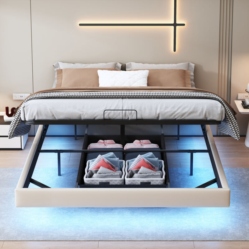 foto del prodotto letto contenitore 160x200, letto 160x200, letto per adulti, letto sospeso, letto matrimoniale, striscia luminosa a led sotto il letto, senza