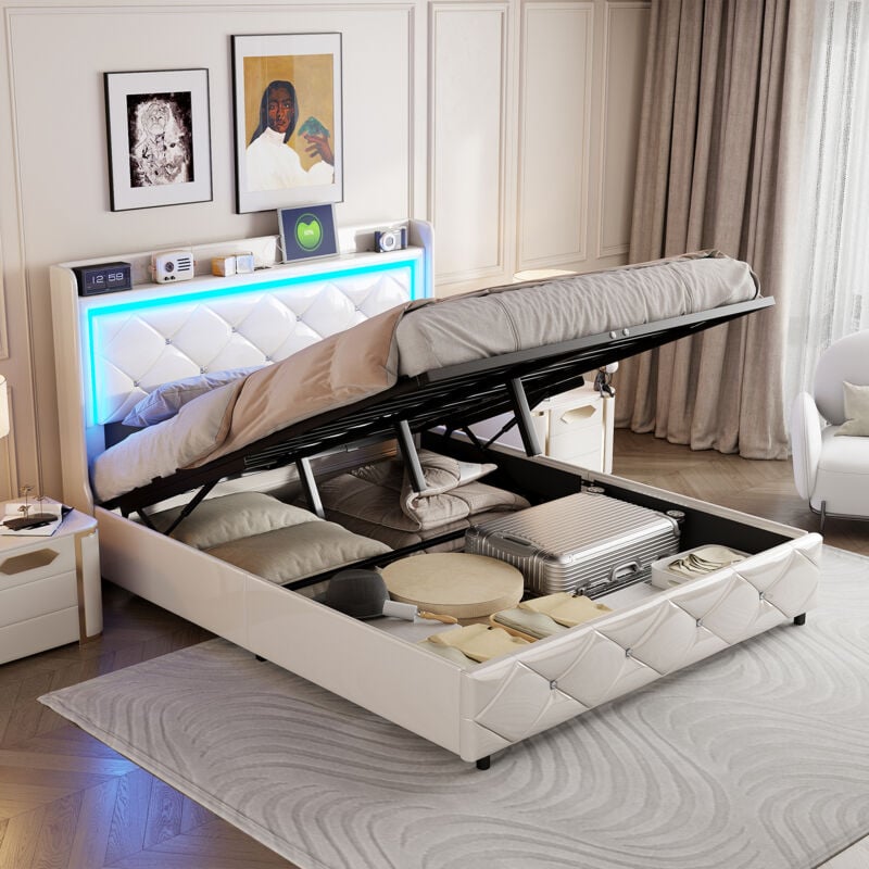 foto del prodotto letto contenitore 160x200,letto matrimoniale 160x200,letto matrimoniale contenitore,strutture letto sommier, con led,usb,testiera, pu, beige