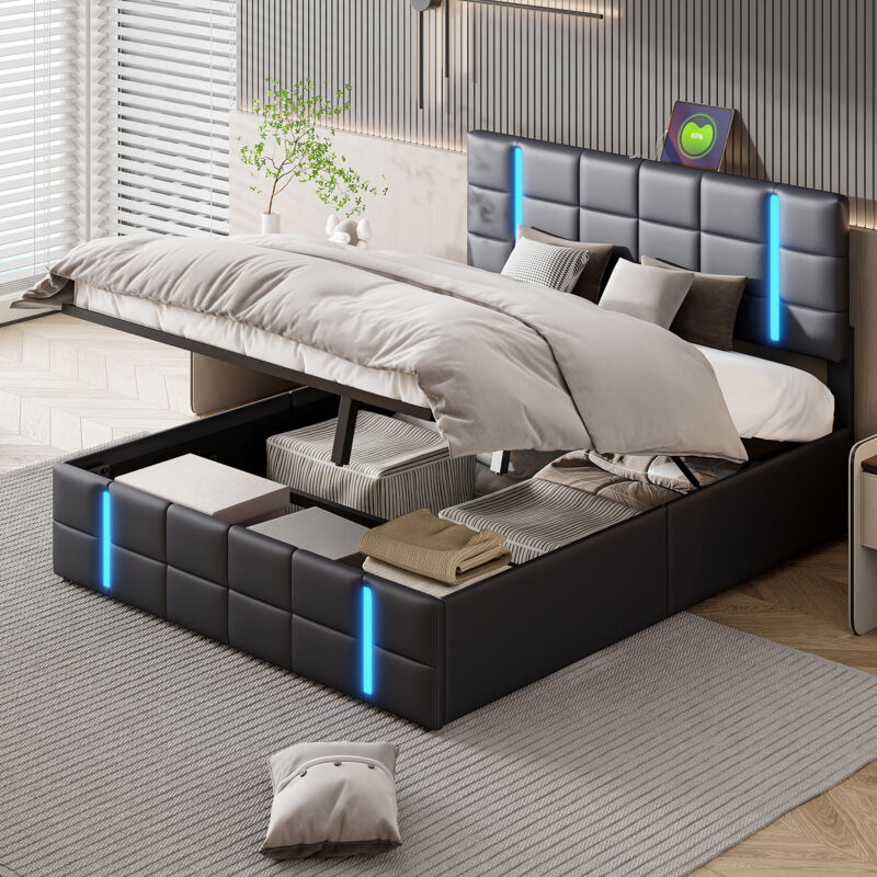 foto del prodotto letto contenitore 160x200,letto matrimoniale 160x200,letto matrimoniale contenitore,strutture letto sommier,con schienale leggero, porta usb, pu, nero