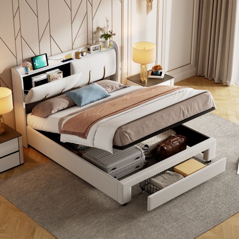 foto del prodotto letto contenitore 160x200cm con cassetto in velluto con rete a doghe e testiera led retrattile, vano porta caricabatterie beige