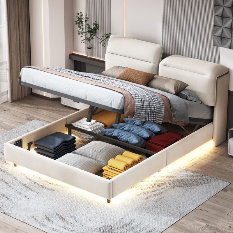 foto del prodotto letto contenitore 160x200cm, con illuminazione led, testiera con contenitore, rete a doghe, letto matrimoniale con funzione idraulica, velluto, beige