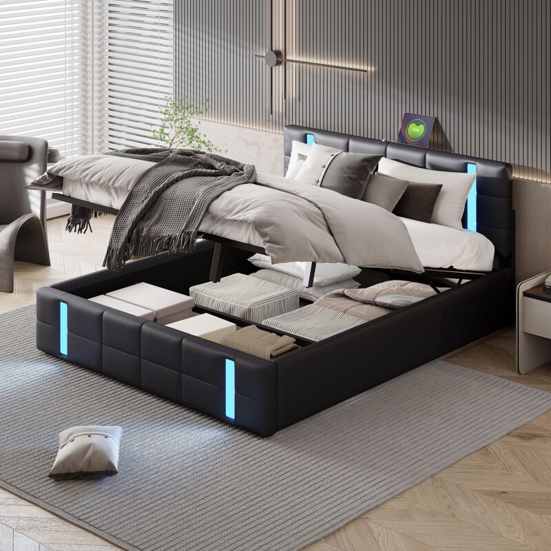 foto del prodotto letto contenitore 160x200cm con porta di ricarica usb e type c, testiera illuminata a led, vani portaoggetti, struttura in metallo, rete a doghe