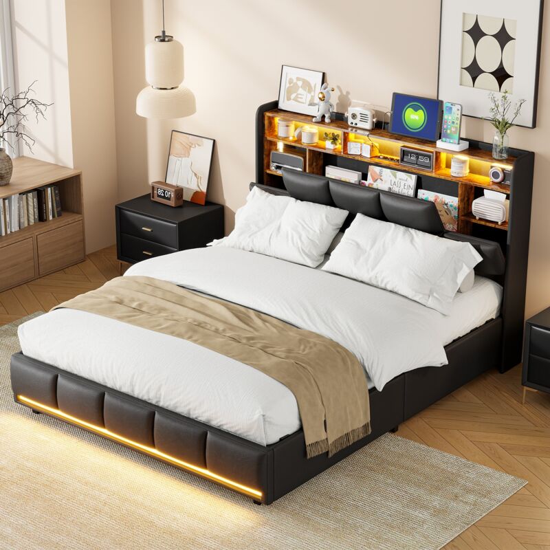 foto del prodotto letto contenitore 160x200cm, letto imbottito con rete a doghe in legno, testiera nascosta con 5 vani contenitore, illuminazione a led, ricarica usb,