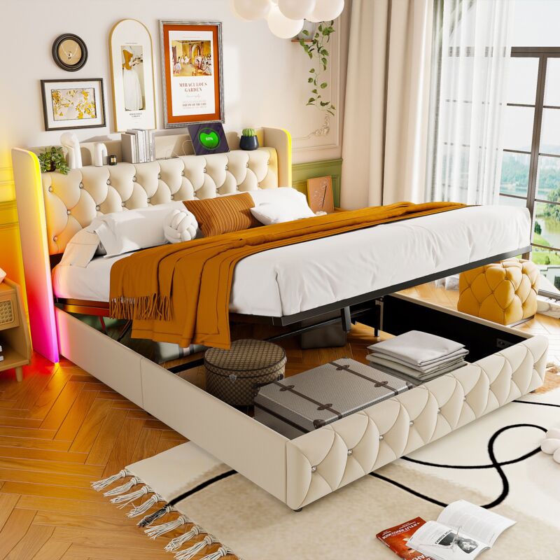 immagine 0 del prodotto letto contenitore 160x200cm, letto imbottito con rete a doghe, letto matrimoniale con testiera decorata a rombi, contenitore, con luce led e porta di