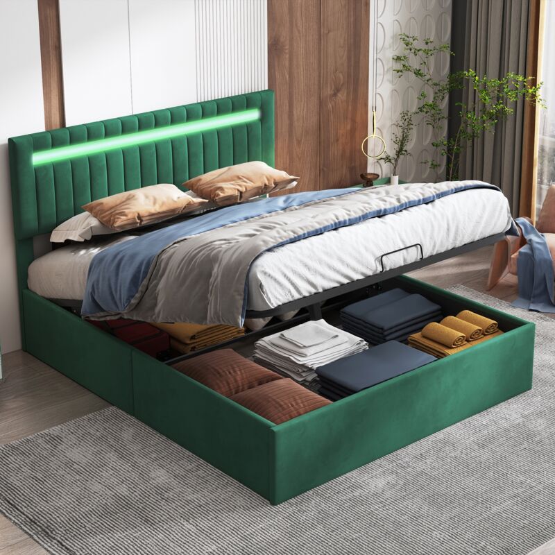 immagine 0 del prodotto letto contenitore 160x200cm, letto imbottito testiera con illuminazione led, rete a doghe, ampio spazio contenitore, base in metallo, verde
