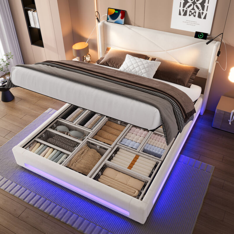 foto del prodotto letto contenitore 160x200cm, letto matrimoniale per adulti, con 2 lampade da lettura led usb, senza materasso, velluto, beige