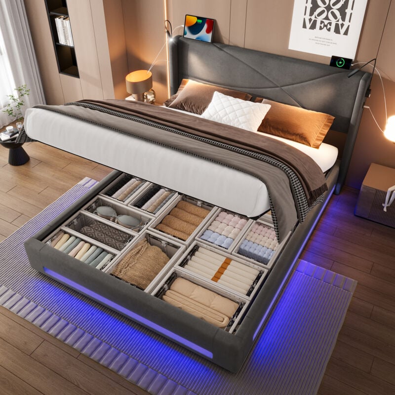 foto del prodotto letto contenitore 160x200cm, letto matrimoniale per adulti, con 2 lampade da lettura led usb, senza materasso, velluto, grigio