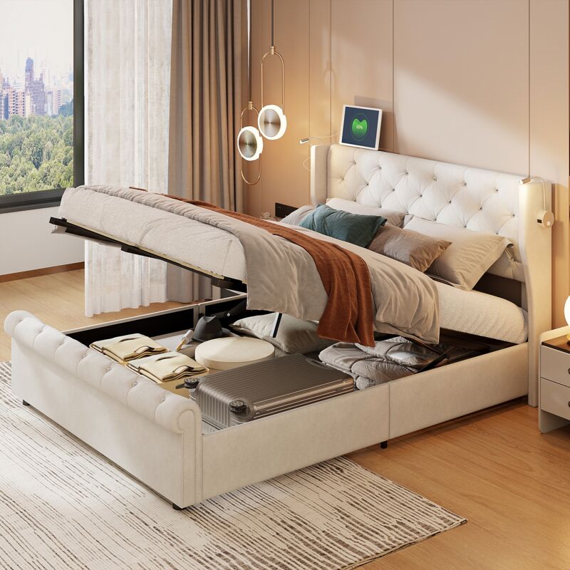 foto del prodotto letto contenitore 160x200cm letto matrimoniale, testiera con 2 luci di lettura e ricarica usb, con contenitore, rete a doghe, giroletto, velluto