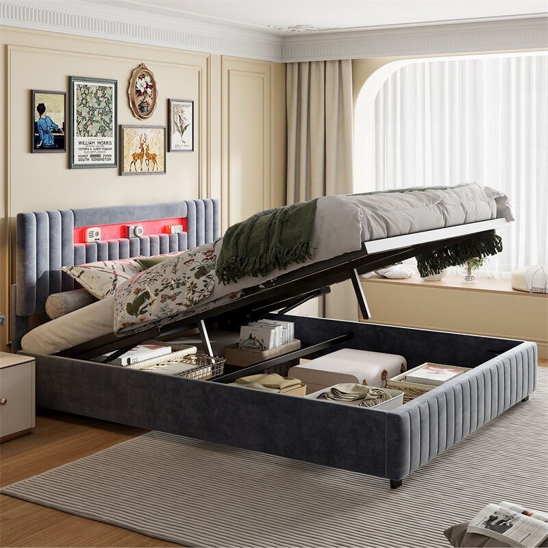 foto del prodotto letto contenitore 160x200cm matrimoniale con rete a doghe e testiera led con vano, tessuto velluto grigio