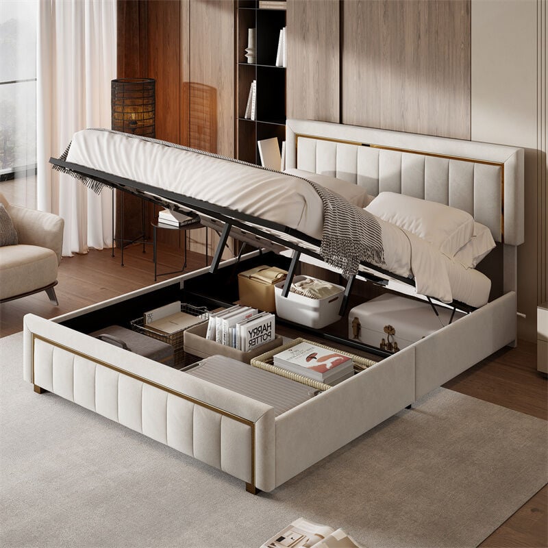 foto del prodotto letto contenitore 160x200cm matrimoniale con rete a doghe, testiera e piedi con bordatura dorata, legno e flanella beige bianco