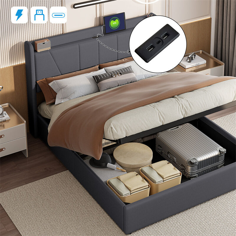 foto del prodotto letto contenitore 160x200cm matrimoniale imbottito con rete a doghe e testiera con porta usb type c, lino grigio