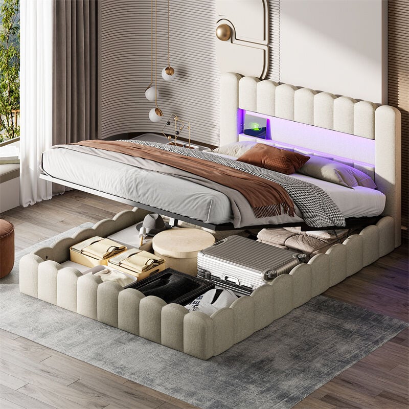 foto del prodotto letto contenitore 160x200cm matrimoniale imbottito con rete a doghe, testiera con led e vano porta caricabatterie tessuto lino beige