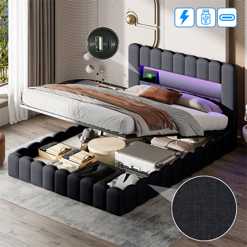 foto del prodotto letto contenitore 160x200cm matrimoniale imbottito con rete a doghe, testiera con led e vano porta caricabatterie tessuto lino grigio