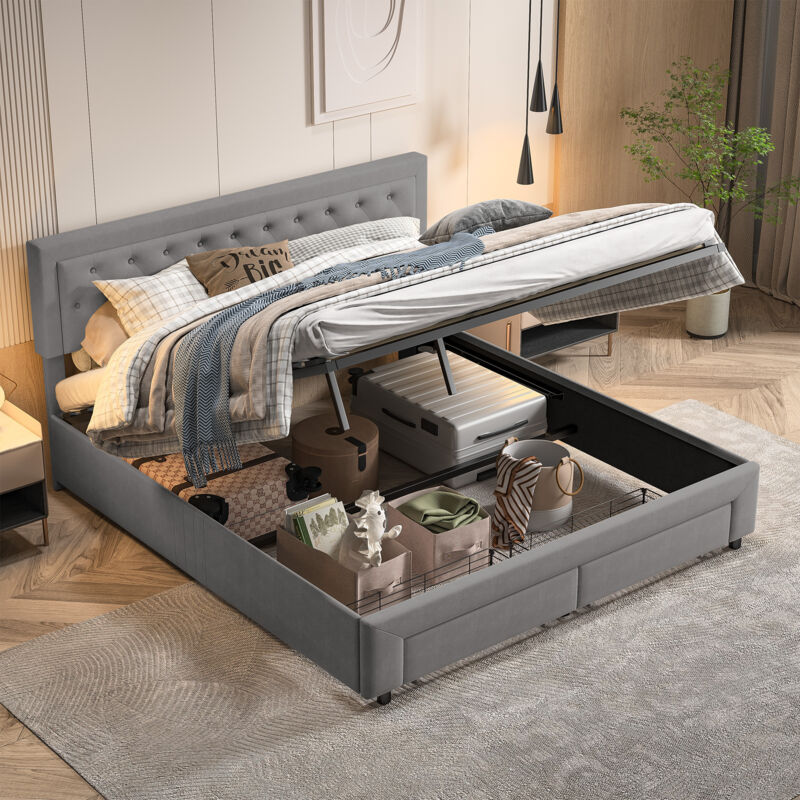 foto del prodotto letto contenitore 160x200cm matrimoniale in tessuto velluto con 2 cassetti, rete a doghe e testiera design a bottoni grigio