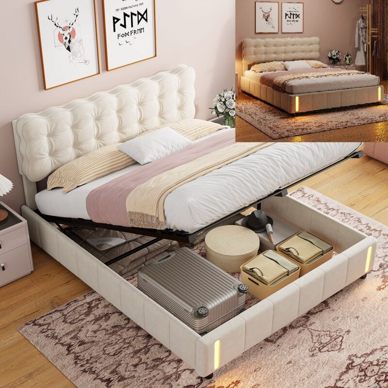 foto del prodotto letto contenitore 160x200cm matrimoniale in tessuto velluto con rete a doghe, sensore di luce calda all estremit beige