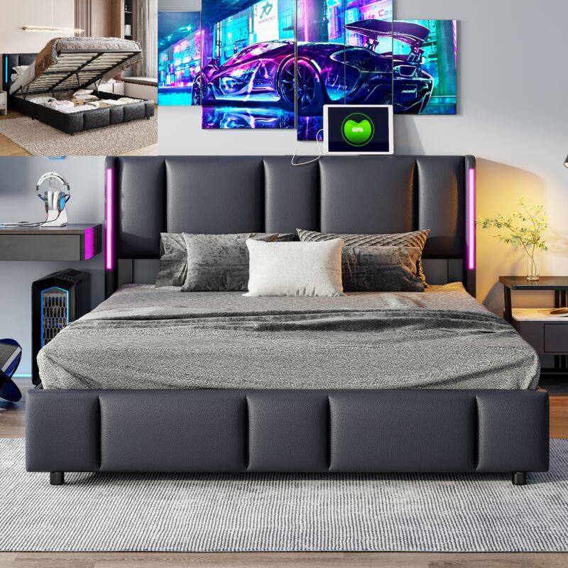 foto del prodotto letto contenitore 160x200cm matrimoniale per adulti con rete a doghe e testiera led con porta usb c similpelle nera