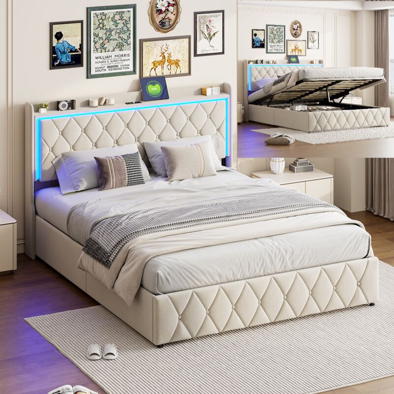 foto del prodotto letto contenitore 160x200cm matrimoniale per afulti con led, porta ricarica, testiera e rete a doghe tessuto beige