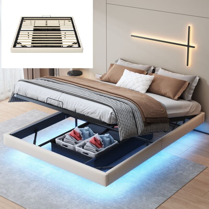 foto del prodotto letto contenitore 160x200cm struttura matrimoniale sospesa in pu con scatola in non tessuto, rete a doghe, senza testiera beige