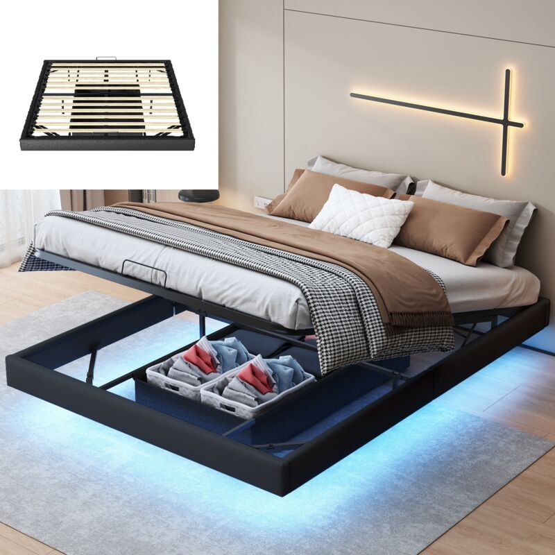 foto del prodotto letto contenitore 160x200cm struttura matrimoniale sospesa in pu con scatola in non tessuto, rete a doghe, senza testiera nero
