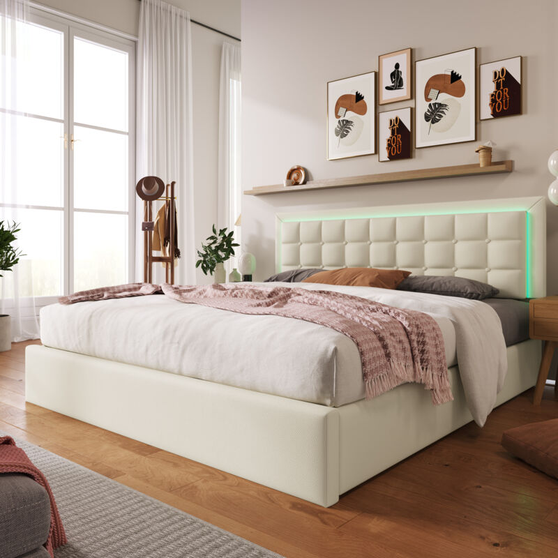 foto del prodotto letto contenitore 180x200 cm, letto imbottito con rete a doghe e led, in similpelle, bianco, senza materasso