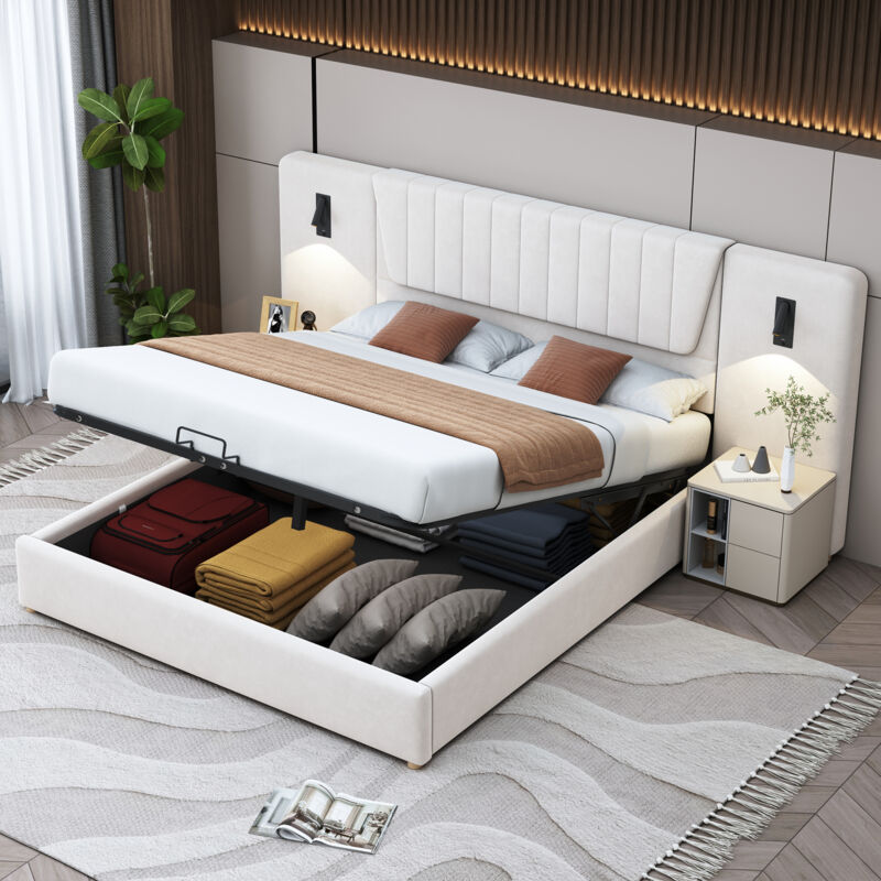 foto del prodotto letto contenitore 180x200 cm, letto matrimoniale con lampada da lettura orientabile e porta di ricarica usb, tessuto in velluto, beige