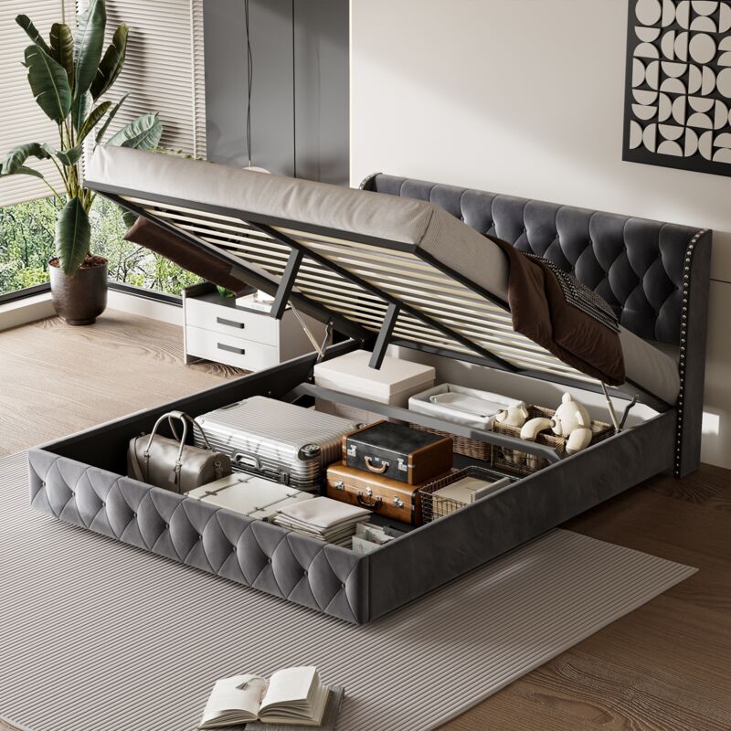 foto del prodotto letto contenitore 180x200 cm, letto matrimoniale con rete a doghe, testiera con rivetti, contenitore, velluto, design moderno, grigio scuro