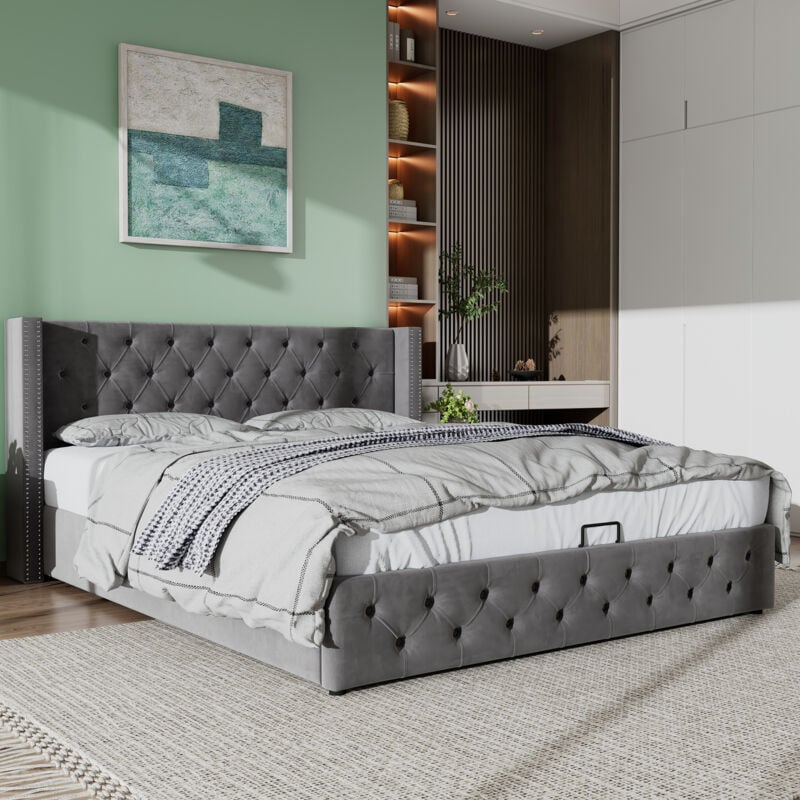 foto del prodotto letto contenitore 180x200 cm, letto matrimoniale imbottito con contenitore idraulico, rete in tessuto non tessuto impermeabile nero, grigio, senza